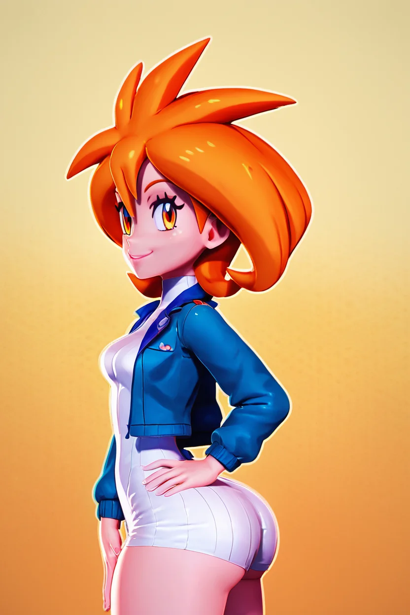 score_9, score_8_up, score_8, medium breasts, (curvy), cute, eyelashes,       BREAK, , zzBrigette,  short hair, orange hair, orange eyes, white sweater dress, turtleneck, blue jacket,   <lora:Brigette_Pokemon_PDXL:0.7>, , BREAK, smile, looking at viewer, cowboy shot, side view, ass,  embedding:zPDXL, Expressiveh, <lora:Zy0n7_PDXL:1.0>,  <lora:SDXLFaeTastic2400:0.5>,  <lora:Expressive_H-000001:0.4>,