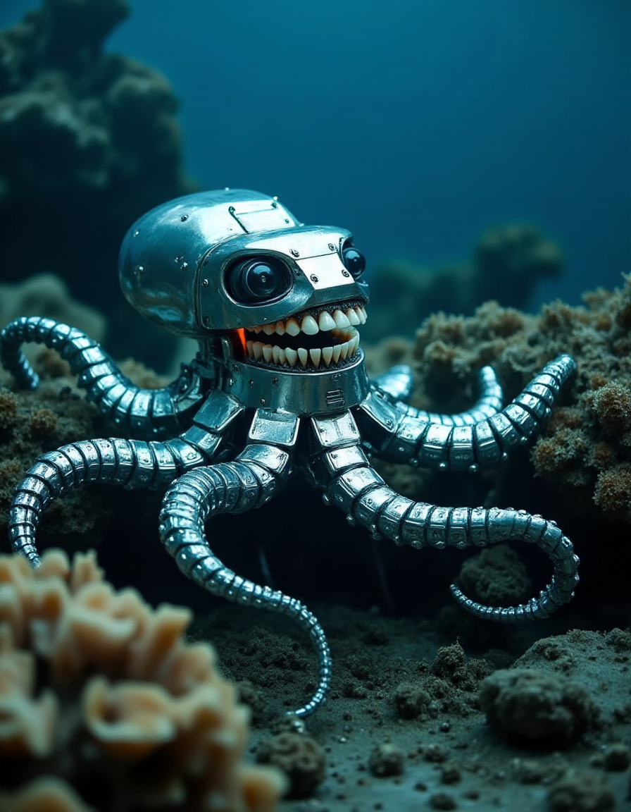 A robotic octopus clings to the coral reef in a shallow lagoon, its shimmering titanium arms undulating with fluid precision. Its body glows faintly with bioluminescent panels, blending into the vibrant underwater hues of the reef. As it shifts to grip a passing crab with one of its flexible metal tentacles, its mouth opens, exposing a ring of ral-rbotth that are horrifyingly human. Each tooth is eerily detailed, their pristine whiteness standing out against the silvery, alien design of the creature. The sight of its mechanical jaw creates a strange and unsettling harmony with the coral-covered landscape.
 <lora:ral-rbotth-flux_000003000:1>
