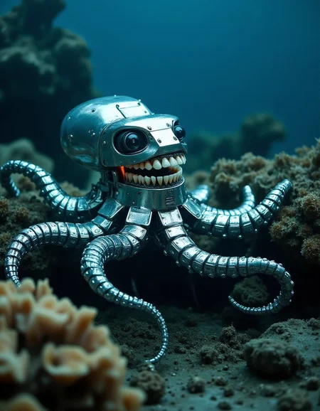 A robotic octopus clings to the coral reef in a shallow lagoon, its shimmering titanium arms undulating with fluid precision. Its body glows faintly with bioluminescent panels, blending into the vibrant underwater hues of the reef. As it shifts to grip a passing crab with one of its flexible metal tentacles, its mouth opens, exposing a ring of ral-rbotth that are horrifyingly human. Each tooth is eerily detailed, their pristine whiteness standing out against the silvery, alien design of the creature. The sight of its mechanical jaw creates a strange and unsettling harmony with the coral-covered landscape.
<lora:ral-rbotth-flux_000003000:1>