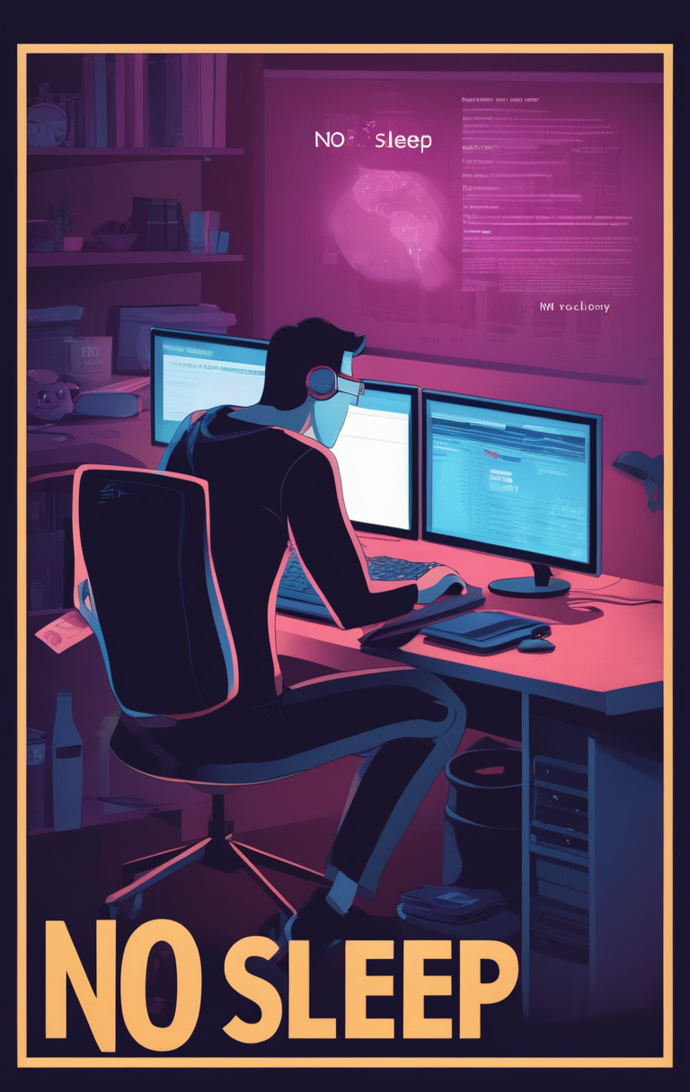 A dev working in a computer, cartoon, with title "NO SLEEP" on it
 ,Movie Poster, MoviePosterRedAF,
,<lora:MoviePosterRedAFConfig4DebiComTE:1>