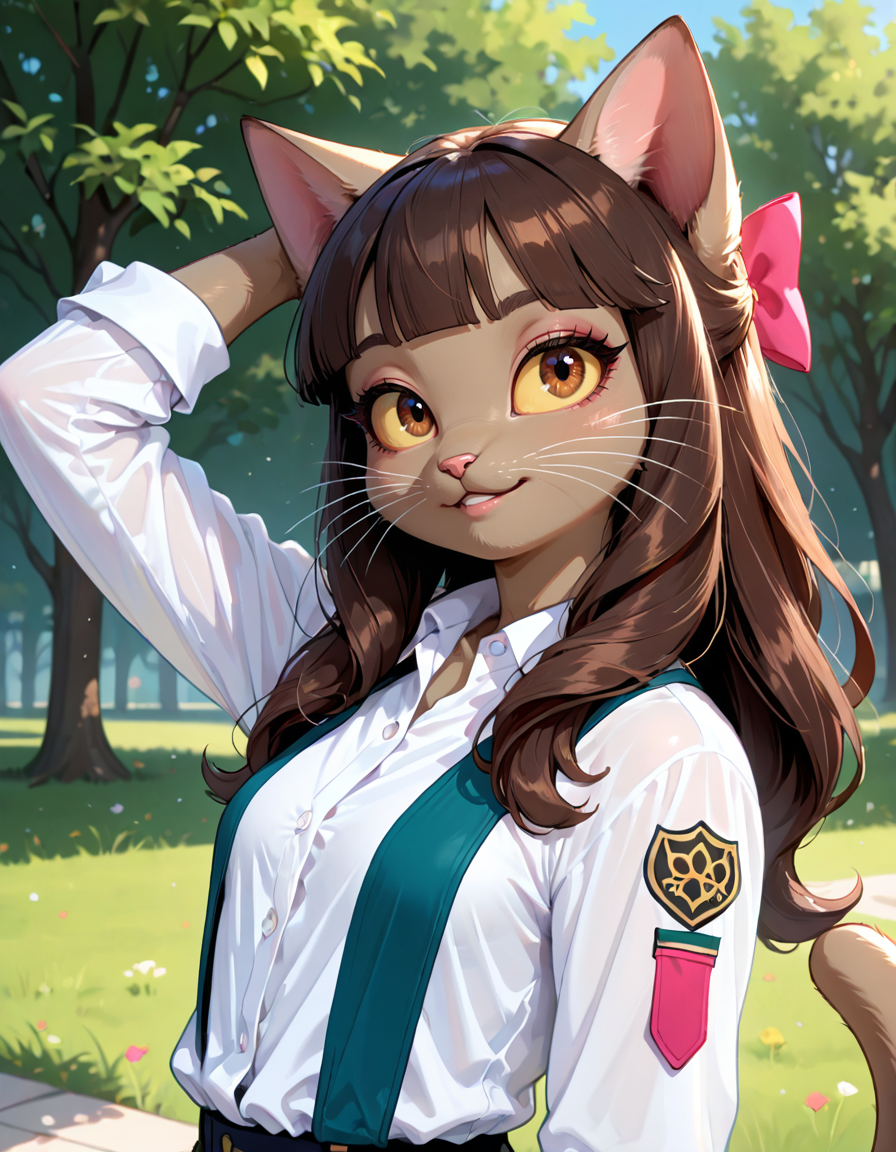 masterpiece, best quality, very aesthetic, absurdres,
outdoors, 
headshot, head tilt, 
button up shirt,
seductive smile, parted lips, long eyelashes,
 <lora:Ivy_Pepper_v01_NAIXL:1>
1vyP3pp3r,1girl,solo,furry,furry female,cat girl,cat ears,brown hair,hair bow,long hair,blunt bangs,brown eyes,yellow sclera,animal nose,whiskers,body fur,cat tail,