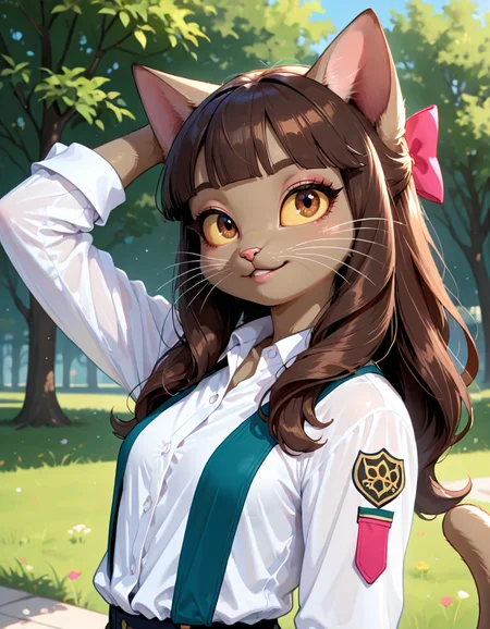 masterpiece, best quality, very aesthetic, absurdres,
outdoors,
headshot, head tilt,
button up shirt,
seductive smile, parted lips, long eyelashes,
<lora:Ivy_Pepper_v01_NAIXL:1>
1vyP3pp3r,1girl,solo,furry,furry female,cat girl,cat ears,brown hair,hair bow,long hair,blunt bangs,brown eyes,yellow sclera,animal nose,whiskers,body fur,cat tail,