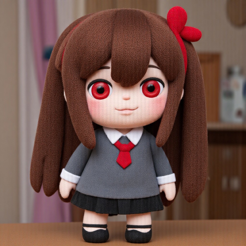 A plush of a chibi girl with big red eyes and long brown hair,Taka Chibi,realism style,detailed,stitches bedroom ,background,