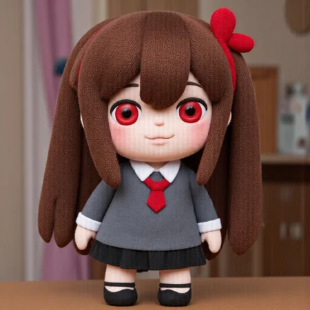 A plush of a chibi girl with big red eyes and long brown hair,Taka Chibi,realism style,detailed,stitches bedroom ,background,