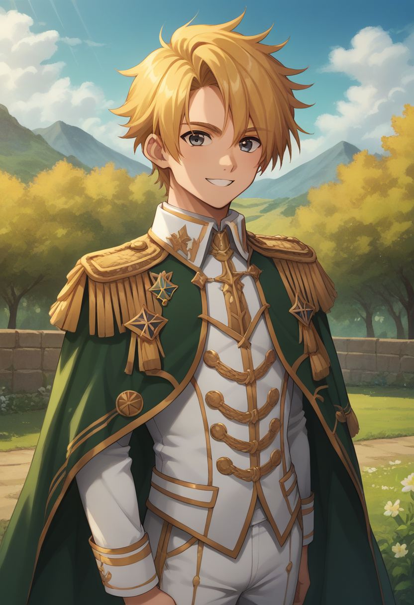 score_9, score_8_up, score_7_up, source_anime, 
cress, 1boy, male focus, solo, white pants, blonde hair, looking at viewer, epaulettes, smile, pants, cape, upper body,
outdoor,