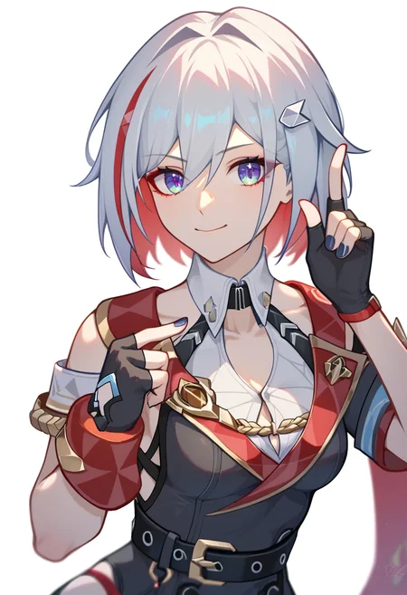 score_9,score_8_up,score_7_up,<lora:topaz_pony:1>,1girl, nail_polish, small_breasts, topaz_\(honkai:_star_rail\), fingerless_gloves, upper_body, black_belt, black_shirt, index_finger_raised, white_background, hair_intakes, simple_background, solo, short_sleeves, highres, hand_up, black_gloves
