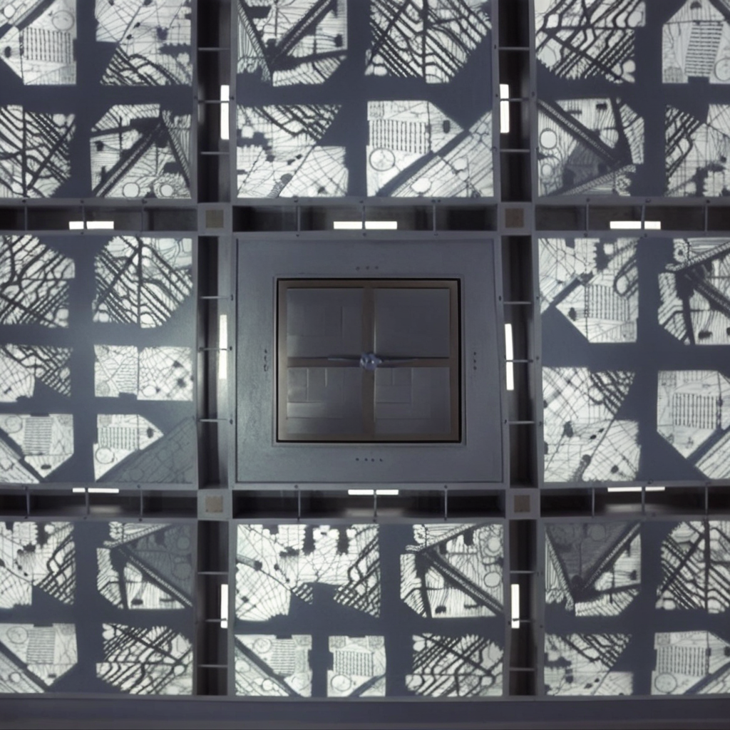 cpollcubemovie, cpollcubewhite, full room, wide view, frontal view, symmetrical layout, geometric patterns, glowing walls, sterile environment, isolated feeling, closed hatch, "A 5x5x5 meter white room viewed from a wide perspective. The room is shown from a POV angle looking straight into the space with no people visible. The room has an identical, symmetrical layout on all sides, with geometric patterns on the walls. In the center of each wall is a closed, square metal hatch. The walls feature a glowing effect with soft white lighting, creating a sterile environment and a sense of isolation."