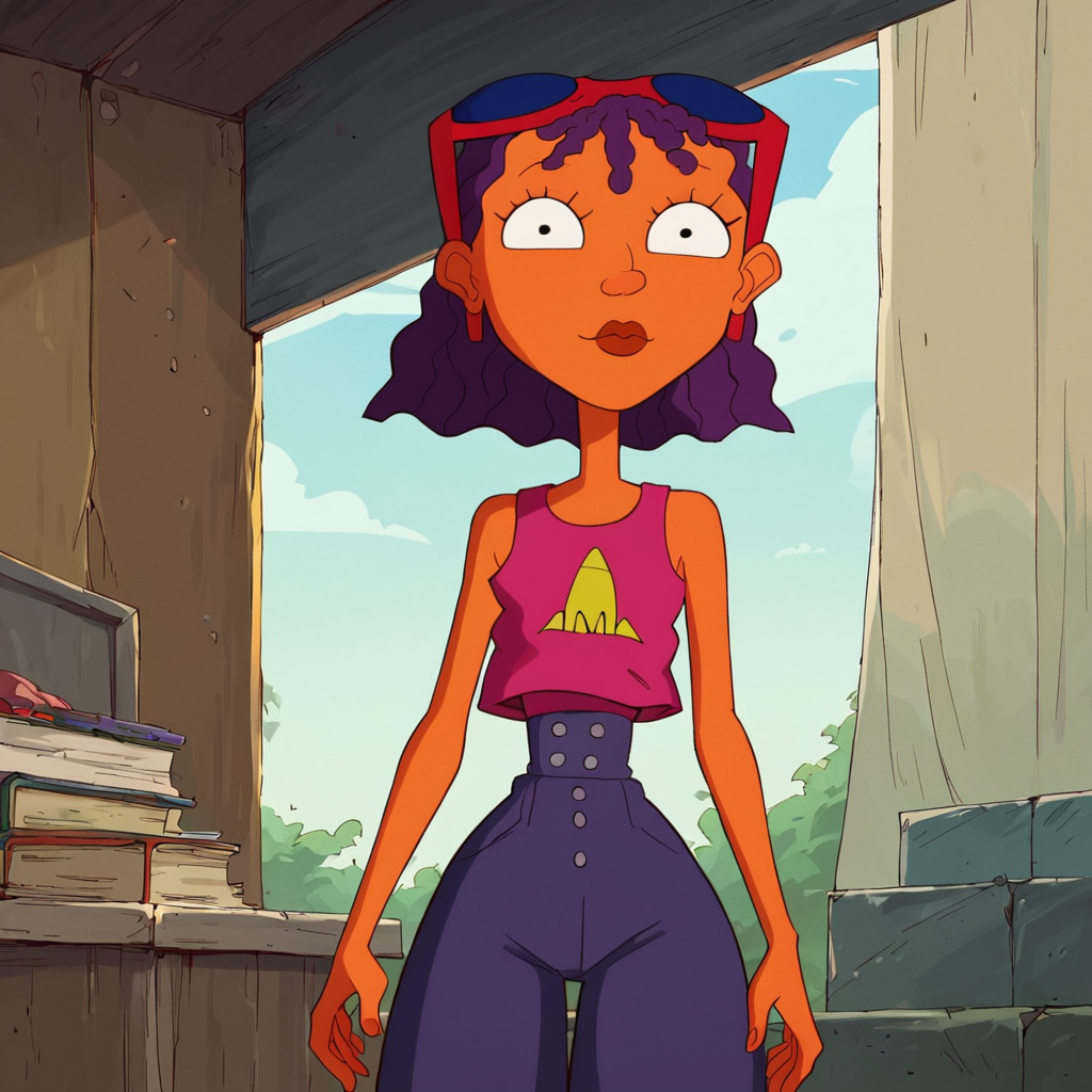 score_9, score_8_up, score_7_up, 1girl, style parody, Reggie, dark skin, purple hair, medium hair, black eyes, eyewear on head, flat chest, narrow waist, wide hips, looking at viewer, highres, high quality, masterpiece, <lora:Reggie_Rocket:1>