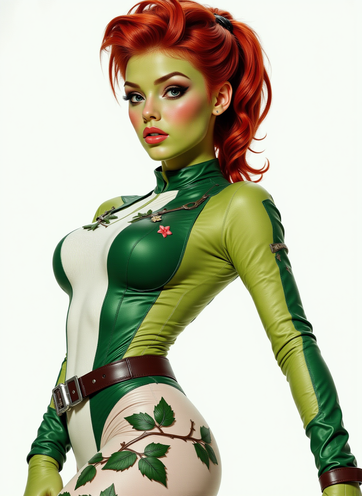 Headshots, She is approximately 18 years old,  photoshoot poses, dynamic angles, multiple angles, photoshoot poses; A photo of P0ison_ivy50sis, a comic book character, is depicted in a painting style. she has a light green skin complexion, She is wearing a green and white costume with embroidered leaves on it, and has red hair. She is standing against a simple white background, giving it a dramatic and action-packed feel.. Busty breasts, Style: realistic hyper-detailed rendering, 32k UHD, expressive eyes, punk, graphic design, girl's face, pretty and cute, gleaming lips, telling a tale of adventure. Exuding confidence and serenity. The overall mood of the image is happy and relaxed,detailed skin texture,(blush:0.2),(goosebumps:0.3),subsurface scattering,with a playful and whimsical tone,Detailed hand, perfect hands, Niji style, retro50s_style, 