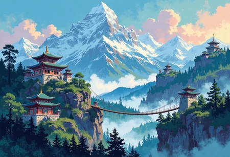 A majestic landscape depicting high snow-capped mountains. In the valleys between the mountains, the forest is covered with fog. Inaccessible ancient oriental temples are located on the slopes of the mountains. The temples are connected by wooden suspension bridges. The temples are covered with colorful exotic paintings. Blue sky with hints of pink and orange on delicate clouds. The forest in the valleys is dark and mysterious. A bizarre surreal landscape in the style of modern impressionism. A magical place.
i11ustmin Illustration