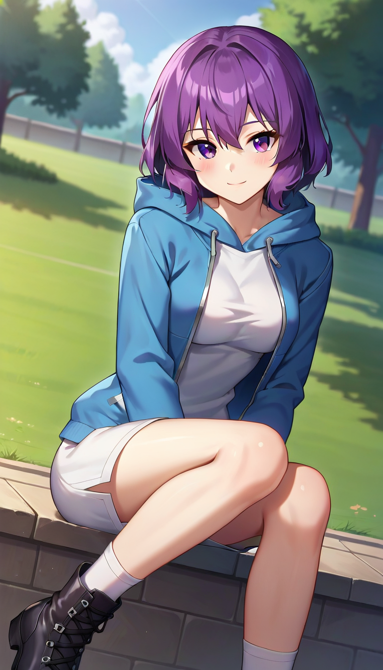 score_9,score_8_up,masterpiece,best quality,correct anatomy,anime_source,1girl,solo,perfect eyes,perfect arms,perfect legs,perfect face,outdoors,upper body,(portrait:1.5),looking at viewer,facing viewer,smile,blush,Tang Rou,short hair,purple hair,hair between eyes,bangs,purple eyes,blue jacket,open jacket,white dress,hoodie,long sleeves,medium breasts,white socks,cross-laced footwear,black footwear,<lora:Tang Rou(tka)-Pony>,