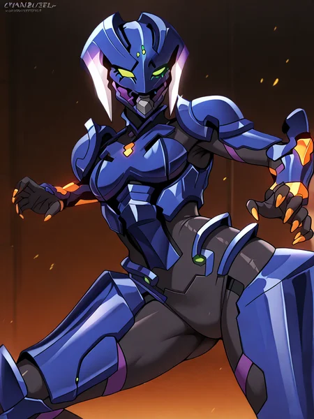 (masterpiece, very aesthetic, absurdres, best quality, high quality, cinematic shadow:1.4), body blush,character focus,perfect hands, small breasts,sidelocks, cowboy shot, <lora:HandFixer_pdxl_Incrs_v1:1> handfixer,looking at viewer,<lora:StS-Illustrious-Detail-Slider-v1.0:4>, ,, <lora:eyelashext_v10:1>, <lora:cyan:1>, cyanbluestar,cyngladiator,blue armor,robot, robot girl,helmet,green eyes,no pupils, no humans,multicolored,neon trim,claws,orange nails, orange glow, dynamic pose, fighting stance,