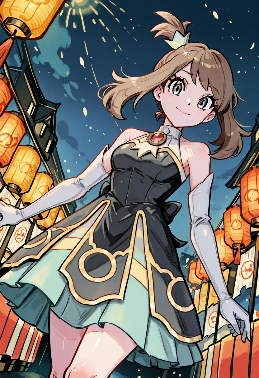 masterpiece, best quality, 1girl, solo, eyelashes, (beautiful eyes),    zzMayCh, hair ornament, elbow gloves, white gloves, black dress, eyelashes, sleeveless dress, multicolored dress,  (dynamic pose, foreshortening),  ,<lora:MayChampionPokemon_IXL:1.0>,  ,[], festival, paper lanterns, night, walking, slight smile. She strolls through a lantern-lit street during a nighttime festival, The flicker of paper lanterns reflects in her grey eyes, and a faint smile touches her lips. Casual grace that turns heads amid the festive crowd. wave, looking at viewer, smile,