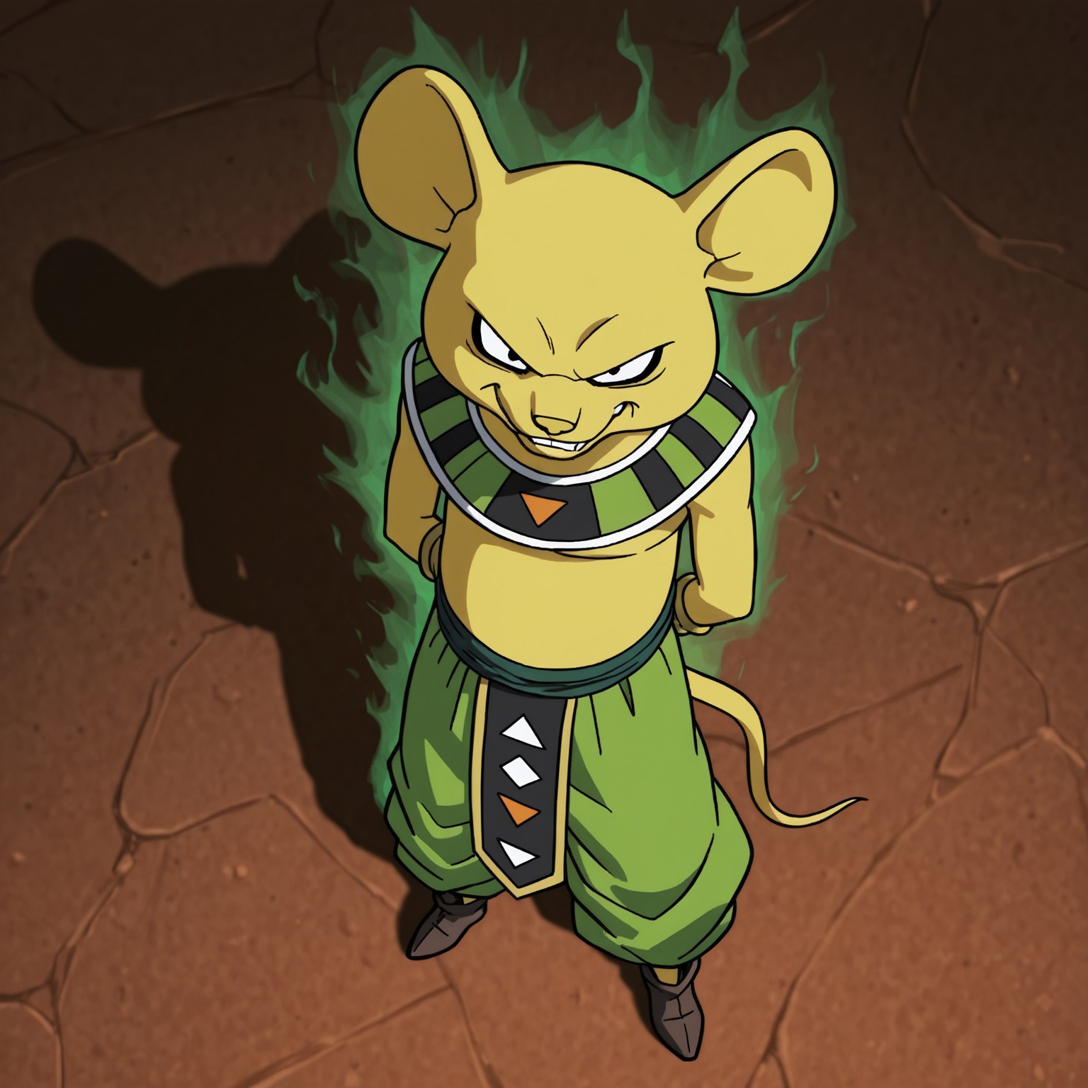 2d, solo, 2d, 1boy, solo, Quitela, male, furry, furry male, mouse, animal ears, yellow fur, yellow nose, yellow tail, yellow body, tooth, black eyes, black fingernails, golden bracelets, green baggy pants, dark green sash belt, brown shoes, Egyptian clothing, 

BREAK standing, abstract background, green aura, looking up at viewer, from above, evil grin, hands behind back

BREAK best quality, amazing quality, very aesthetic, absurdres, newest