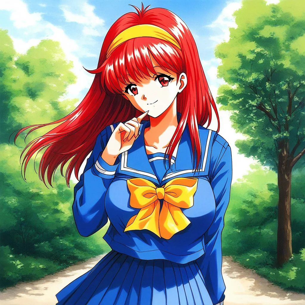 score_9, score_8_up, score_7_up, source_anime, rating_explicit, BREAK  <lora:Fujisaki_Shiori_XL:1> FujisakiShiori, long hair, Yellow hairband, red hair, red eyes, large breasts,
1girl, solo, school uniform, skirt, blue serafuku, long sleeves, blue skirt, blue long sleeve,
yellow bow, pleated skirt, bow, blue sailor collar,
outdoor, sky, tree, smile, 1990s \(style\)
face up,