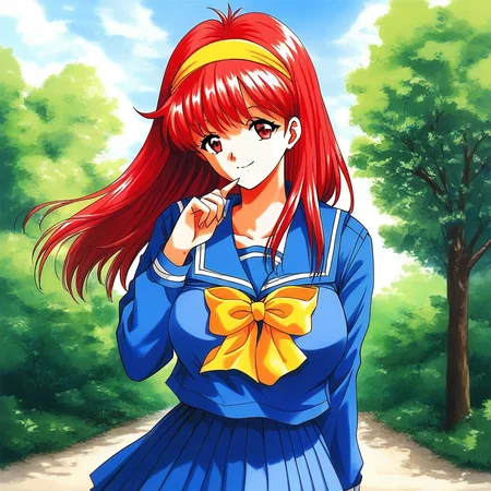 score_9, score_8_up, score_7_up, source_anime, rating_explicit, BREAK <lora:Fujisaki_Shiori_XL:1> FujisakiShiori, long hair, Yellow hairband, red hair, red eyes, large breasts,
1girl, solo, school uniform, skirt, blue serafuku, long sleeves, blue skirt, blue long sleeve,
yellow bow, pleated skirt, bow, blue sailor collar,
outdoor, sky, tree, smile, 1990s \(style\)
face up,