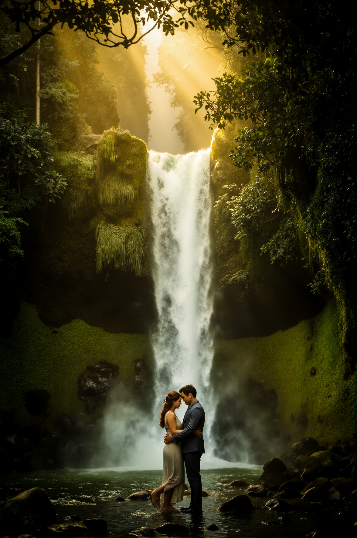 Hidden deep within a lush emerald rainforest, two lovers stand beneath a cascading waterfall, mist rising around them like a shimmering veil. Golden morning light filters through the canopy, catching the water droplets in an ethereal glow. He presses his forehead to hers, his voice barely above the sound of falling water, whispering a promise as ancient as the land around them.
<lora:ethereal-romantic-glow-flux:1>