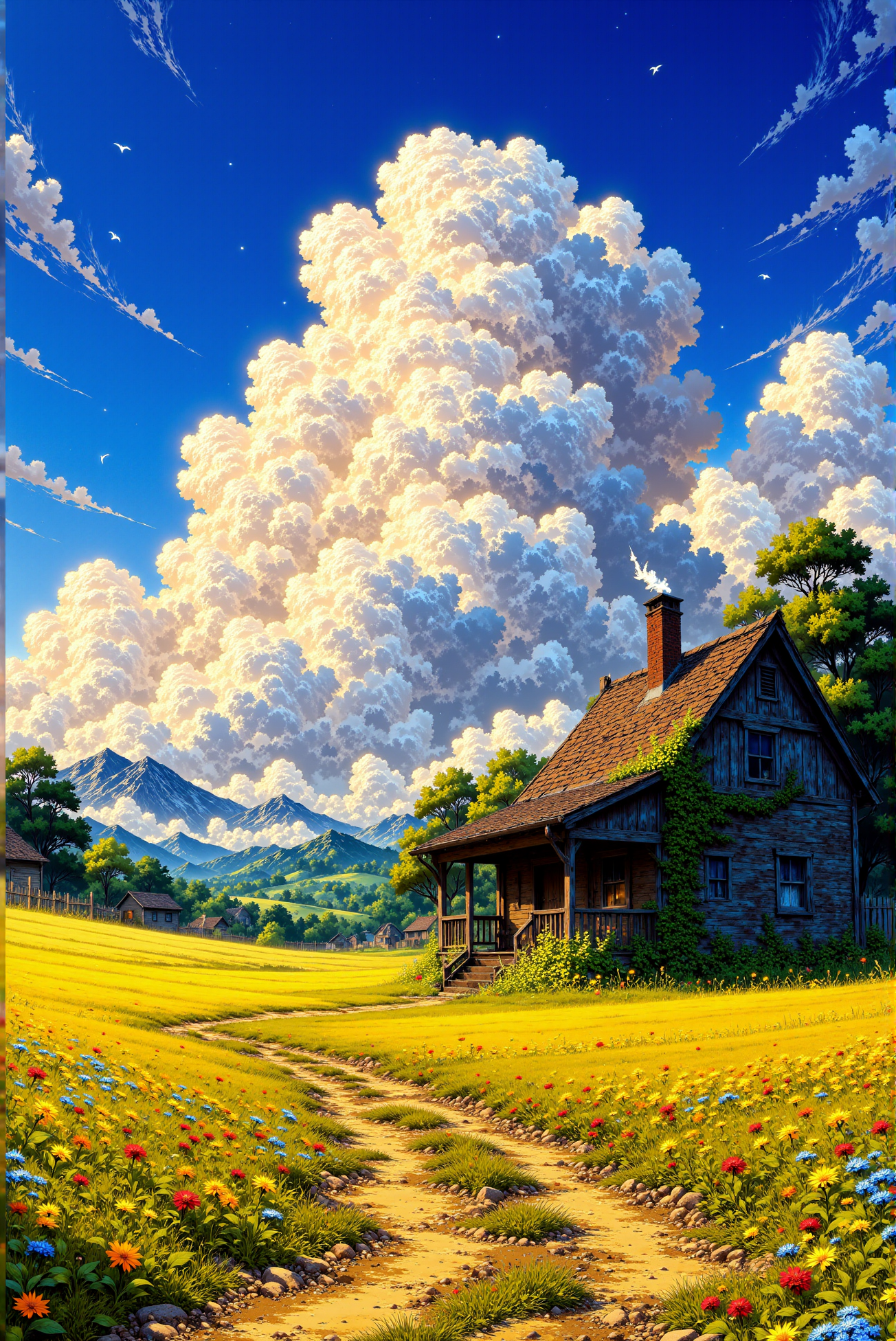 <lora:Vibrant_Glow_style:0.8> VibrantGlow style. 
A quaint wooden cottage rests in the middle of a sunlit meadow, its rustic charm blending seamlessly with the vibrant landscape. The slanted roof, patched with weathered shingles, shelters a cozy porch where ivy and wildflowers have begun to creep along the wooden beams. A thin trail of smoke rises gently from the brick chimney, curling into the warm summer air, hinting at the tranquil life within. Surrounding the home, a lush tapestry of wildflowers bursts into bloomâdelicate reds, soft blues, and radiant yellows swaying in the light breeze. The golden dirt path leading to the house is worn yet inviting, its edges lined with scattered petals and sunlit patches of grass.  Towering above, the sky is an endless expanse of deep azure, punctuated by a monumental formation of billowing cumulus clouds. Their edges glow with a soft, golden luminescence where the sunlight catches, while their shadows create a mesmerizing depth, giving the illusion of rolling mountains suspended in the sky. The clouds, rendered with painterly strokes, stretch infinitely, their cotton-like texture accentuated by the delicate contrast of light and shadow. White birds, small in comparison to the grand celestial backdrop, glide effortlessly across the heavens, their wings catching the sunlight as they soar.  The background unfolds into rolling hills, dotted with occasional wooden fences and distant cottages, their rooftops barely visible through the hazy summer warmth. Trees with lush, emerald foliage cast dappled shadows across the field, their branches swaying gently in rhythm with the rustling grass. Every blade of grass, every leaf, and every sunbeam filtering through the trees contributes to the serene harmony of the setting, evoking a deep sense of nostalgia and peace.  The scene is an idyllic blend of realism and fantasy, evoking a dreamlike quality that feels both tangible and ethereal. The balance of warm earthy tones with the cool, airy blues of the sky enhances the contrast, making the entire composition feel alive, as if caught in a timeless summer afternoon, where the world slows, and the beauty of nature unfolds in its purest form.