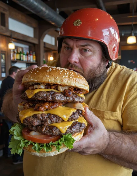 A photograph of an obese man in a tavern holding a massive cheeseburger. The cheeseburger is larger than he is, it is absolutely gigantic. the man wears a yellow shirt and a red half-helmet, with a look of excitement as he grabs into this massive burger.