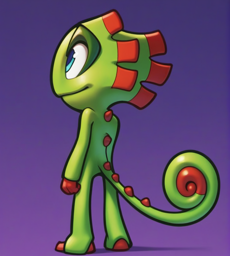 score_9, score_8_up, score_7_up, score_6_up, score_5_up, score_4_up, high res, digital media (artwork), absurd res, 2d, hearts around head, source_furry, <lora:Yooka_and_Laylee_-_Kracklestone_Designs:0.95> yooka, scalie, chameleon, ear frill, curled tail, back spikes, blue eyes, green skin, multicolored body, purple background, looking up, smile