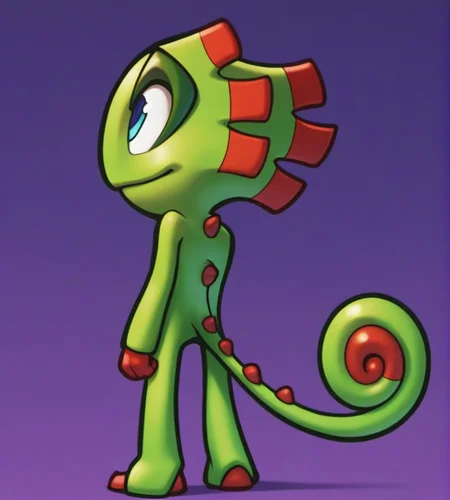score_9, score_8_up, score_7_up, score_6_up, score_5_up, score_4_up, high res, digital media (artwork), absurd res, 2d, hearts around head, source_furry, <lora:Yooka_and_Laylee_-_Kracklestone_Designs:0.95> yooka, scalie, chameleon, ear frill, curled tail, back spikes, blue eyes, green skin, multicolored body, purple background, looking up, smile