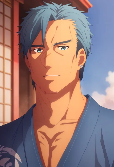 score_9, <lora:Bercouli_Synthesis_One:1> bercouli synthesis one, 1boy, bercouli synthesis one, blue hair, earrings, facial hair, japanese clothes, jewelry, looking at viewer, short hair, solo, stubble