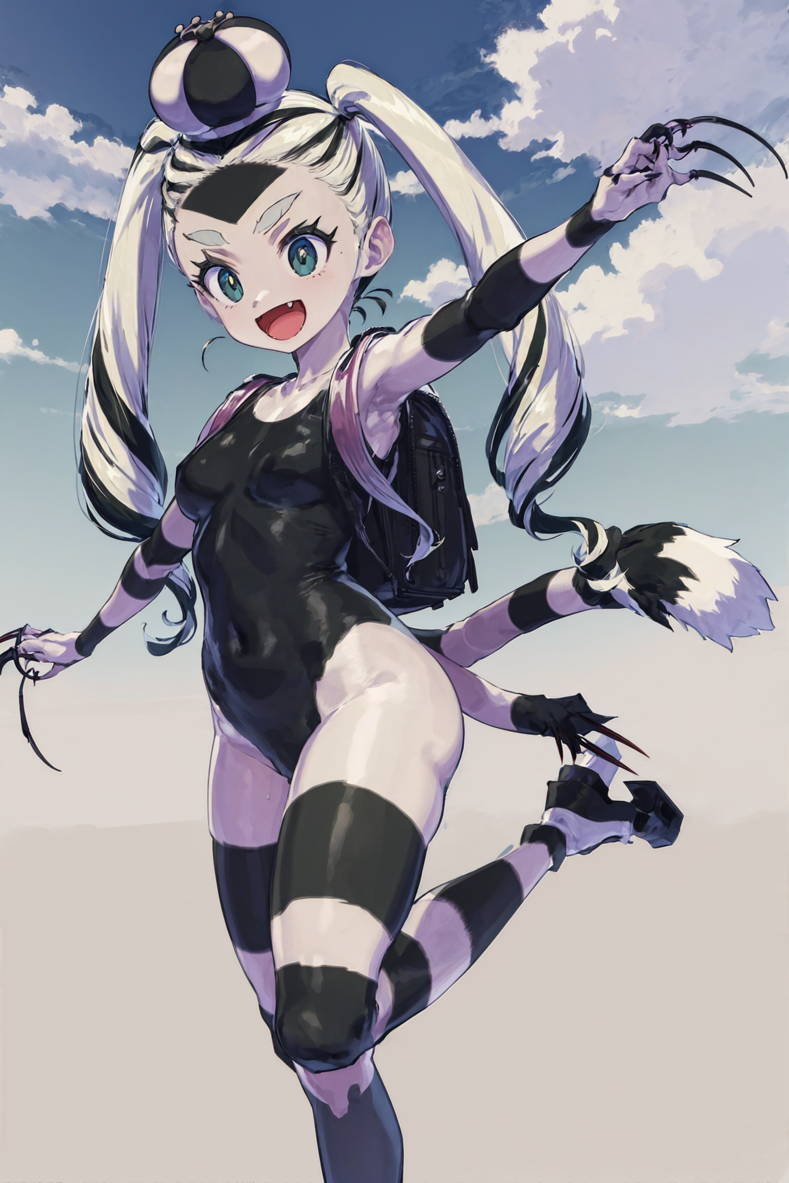 absurdres, high detail, 4k,
outdoors, sky, full body,
standing on one leg, arm up, outstretched arm, expressionless, :d,
3girls, nymph, bodypaint, striped, crown, black_leotard, bodypaint, striped, backpack, claws, tail, heels
<lora:MGCM-nymph-t2:0.9>