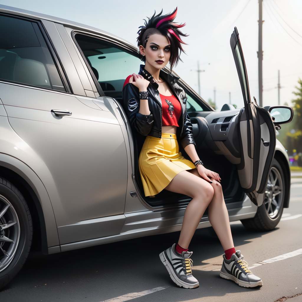 score_9, score_8_up, score_7_up, score_6_up, score_5_up, score_4_up,  slim girl sitting in gray car,  gooc,  sneakers, short yellow skirt, red blouse , (dark short punk hairstyle) .
 <lora:GetOutOfCarPony:.7>