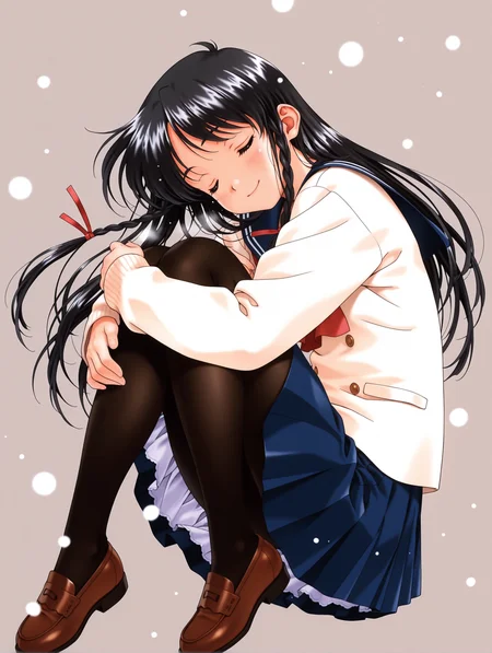 masterpiece,best quality,amazing quality,
1girl,solo,
retro artstyle,<lora:sugihara_manami_ilxl_v1.0:1>,s_manami,black hair,long hair,hair ribbon,twin braids,s_manami,serafuku,long_sleeves,blue skirt,black_pantyhose,brown loafers,
<lora:Fixhands_anime_bdsqlsz_V1:1>,simple_background,snowing,fetal_position,closed eyes,