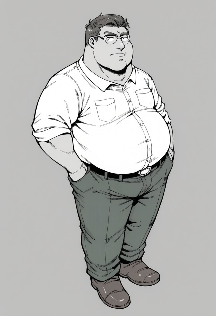 monochrome, grayscale, score_7_up, score_8_up, score_9_up, 1guy, male focus, solo, peter, fat, fat man, collared shirt, brown footwear, white shirt, belt, green pants, brown hair, glasses, simple background, looking at viewer