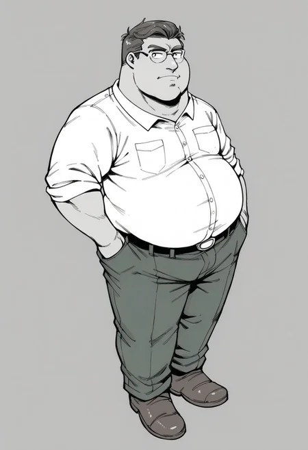 monochrome, grayscale, score_7_up, score_8_up, score_9_up, 1guy, male focus, solo, peter, fat, fat man, collared shirt, brown footwear, white shirt, belt, green pants, brown hair, glasses, simple background, looking at viewer