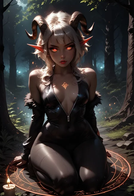 score_9, score_8_up, score_7_up, Ana, elf, elf ears, short hair, red eyes, platinum blonde hair detailed eyes, (petite body:0.7), (thin waist:0.9), perfectly round breast, adorable, perfect face, medium breasts, detailed face, (curled horns:1.3), goat horns, Expressiveh, glowing eyes,
black bodysuit, (black fur scarf:1.2), cleavage window, open suit, zipped down suit, dynamic sexy pose, (evil expression:1.3), summon, magic circle, kneeling on summoning circle, swirling magic, smoke, dissolve, smoke style, swirling, cloudy,
1girl, solo, depth of field, dark background, face focus, detailed background, dark forest, outdoors, (night time:1.5), pagan ritual, full body shot, candles, burning ash falling from sky, view from above,