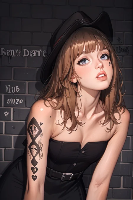 score_9, score_8_up, score_7_up, score_6, score_5, score_4, source_cartoon, realistic, rating_questionable , bent over,strapless,all foursdress, cowboy boots 1girl, cliffheart \(arknights\), arknights, Jane Porter, 22 yearold woman,close up parted lips, lips, teeth (<lora:2000s_Indie_Sleaze:0.85>445l34z3 <lora:MoriiMee_Gothic_Niji_Style.Pony.LoRA:0.6><lora:ttokgirls:0.4> t1kt0k50ld,) (simple tattoo) (~simple background|brick wall| graffiti, TGIF|urinal|water fountain, TGIF| water spigot, concrete wall, wanted}