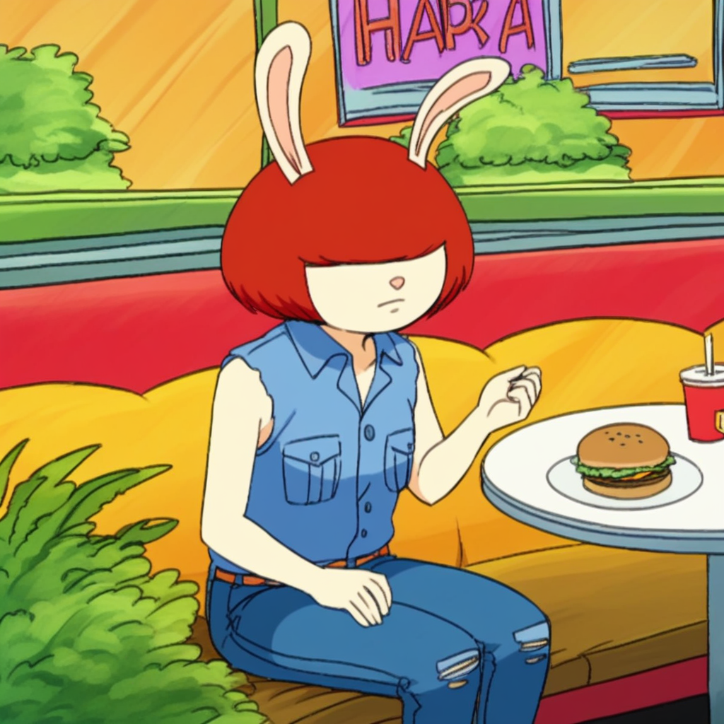 score_9, solo, rabbit girl, rabbit ears, hair over eyes, short hair, denim, jeans, sleeveless, sitting, restaurant, hamburger