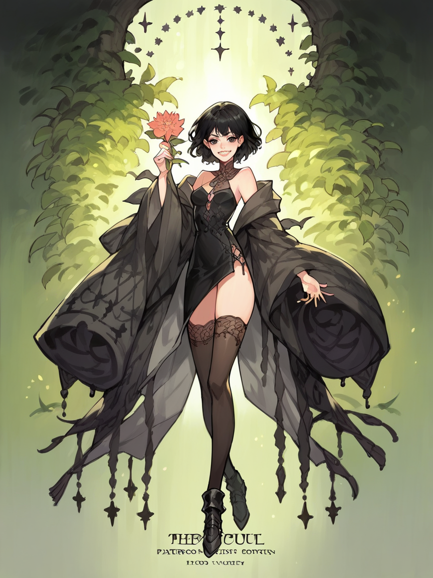 score_9, score_8_up, score_7_up, score_6_up, score_5_up,  shawl, holding flower, !, sharp teeth, tarot, thighhighs, black hair, nature, 1girl <lora:4t4rXLP:0.8> 4t4r