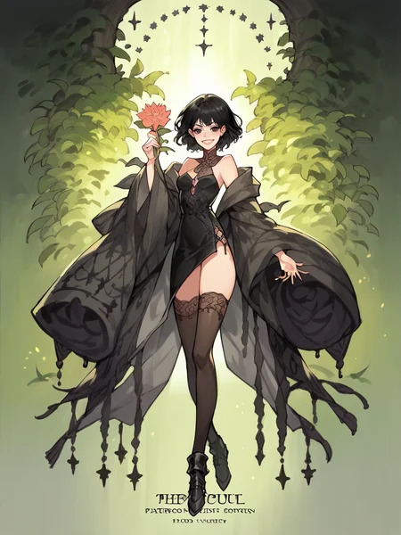score_9, score_8_up, score_7_up, score_6_up, score_5_up, shawl, holding flower, !, sharp teeth, tarot, thighhighs, black hair, nature, 1girl <lora:4t4rXLP:0.8> 4t4r
