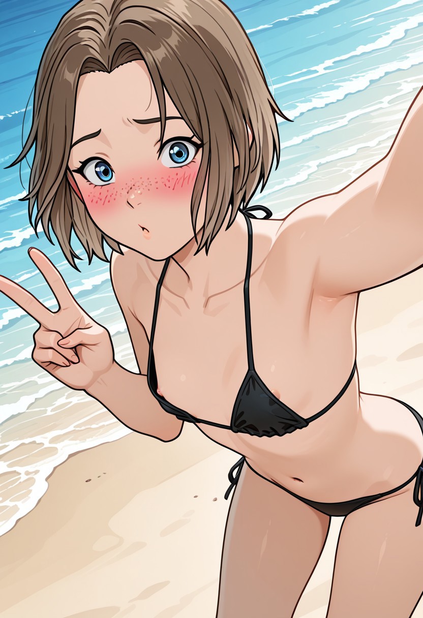 masterpiece,best quality,amazing quality,newest, absurdres, highres, (detailed eyes:1.2), beautiful, perfect eyes, finely detailed face,
anime coloring, anime screencap,
BREAK
1girl,RobynSpade,short hair,brown hair,freckles,blue eyes,
black bikini,
small breast, small areolas, small nipples, nipple slip,
BREAK
blush, surprised, leaning forward, looking at viewer,
 arm out selfie, v,
BREAK
from above,
BREAK
beach, ocean,