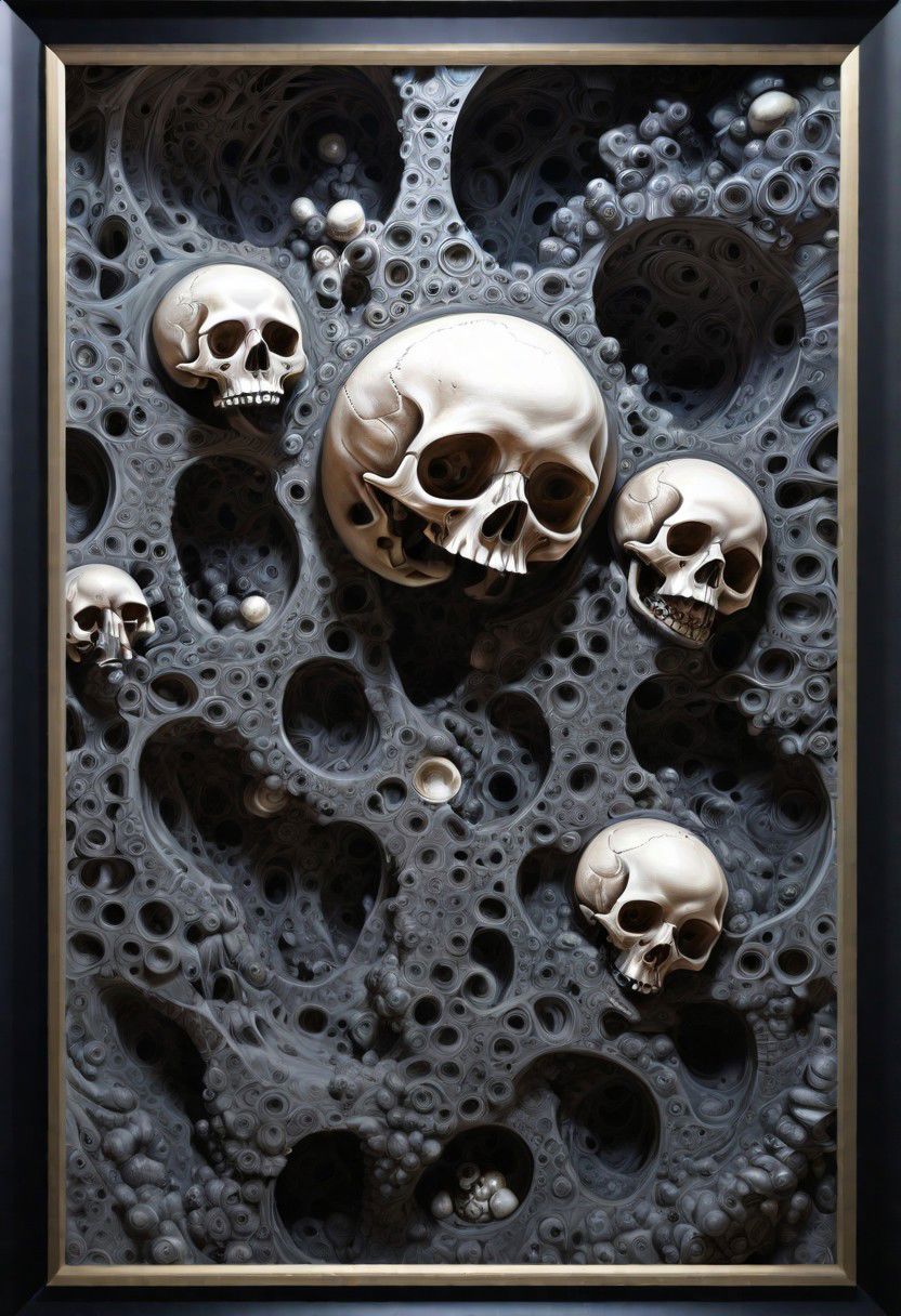 skulls, in the outta realms of your mind, abstract details, distinctive visuals, Intricate, (3D Framed, Skull)