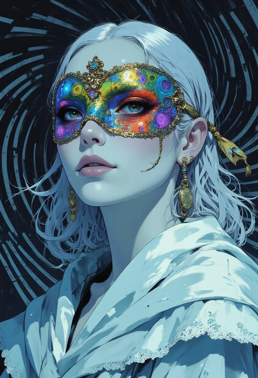 (in the style of cksc,, fantasy painting) A hyper-realistic digital artwork inspired by 90s anime and manga, featuring a stunning woman with flawless porcelain skin that glows with a soft luminescence. Her hair is striking white, flowing elegantly, and her mesmerizing light blue eyes reflect a kaleidoscope of colors, with intricate swirling patterns. She wears a jester mask crafted from vibrant neon dots in deep red, electric blue, bright yellow, vivid green, rich purple, and radiant orange, which shimmer and pulse with light. The mask is bordered with golden patterns, and the delicate golden twine stitches the mouth, glistening softly. Her flowing white robe cascades gracefully around her, enhancing the ethereal, surreal vibe. The background is an optical illusion, with black and white linear fractal lines twisting and intertwining, creating a dynamic, visually captivating effect. The composition has a high-contrast, cool-toned color scheme, with soft diffused lighting accentuating her features. Subtle shadows define her face, while sparkling golden elements, including a locket earring, add a touch of mystery. The scene embodies the essence of a cyberpunk anime fantasy, blending surreal and futuristic aesthetics in perfect harmony.