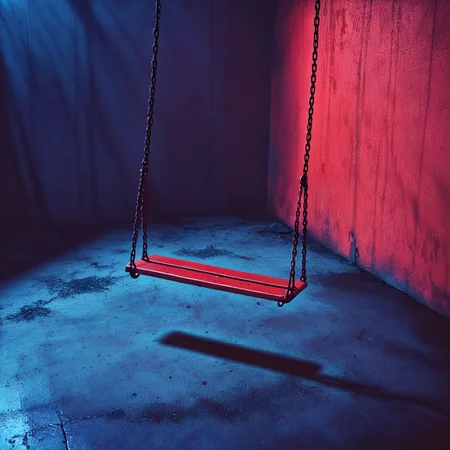 <lora:SurrealHorrorMovieSDXL:1> Surreal Retro Horror movie Still, The image shows a red swing in a dark room with a red wall in the background. The swing is suspended from two chains and the floor is visible at the bottom of the image., no humans, chain, still life, red theme, shadow, blurry, scenery
