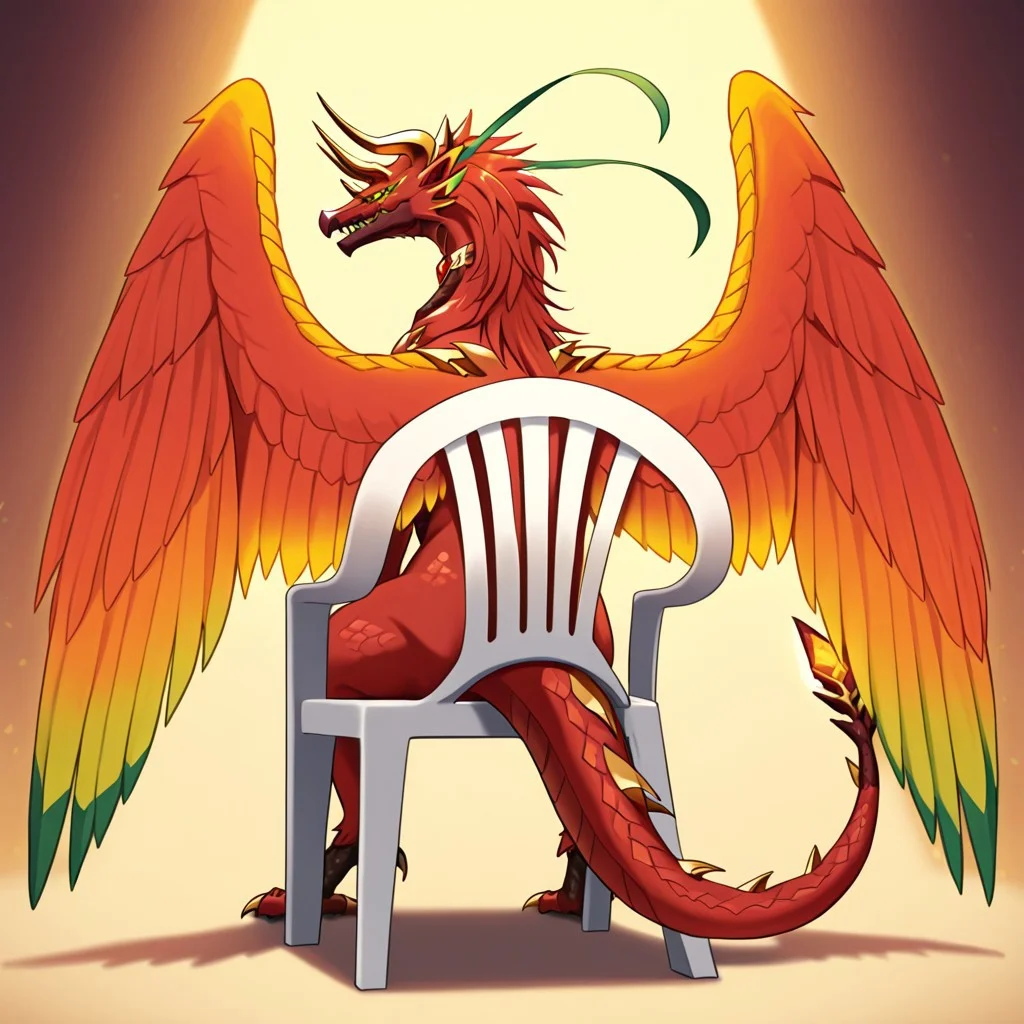 Yharon, golden horns, tail, dragon, bird, claws, no human, 4 eyes, feathered wings, talons, sharp teeth, intricate wing details, red and gold scales, glowing emerald eyes, large fiery wings with orange and green feathers, from behind, sitting on chair, monobloc \(chair\), facing away, looking ahead
