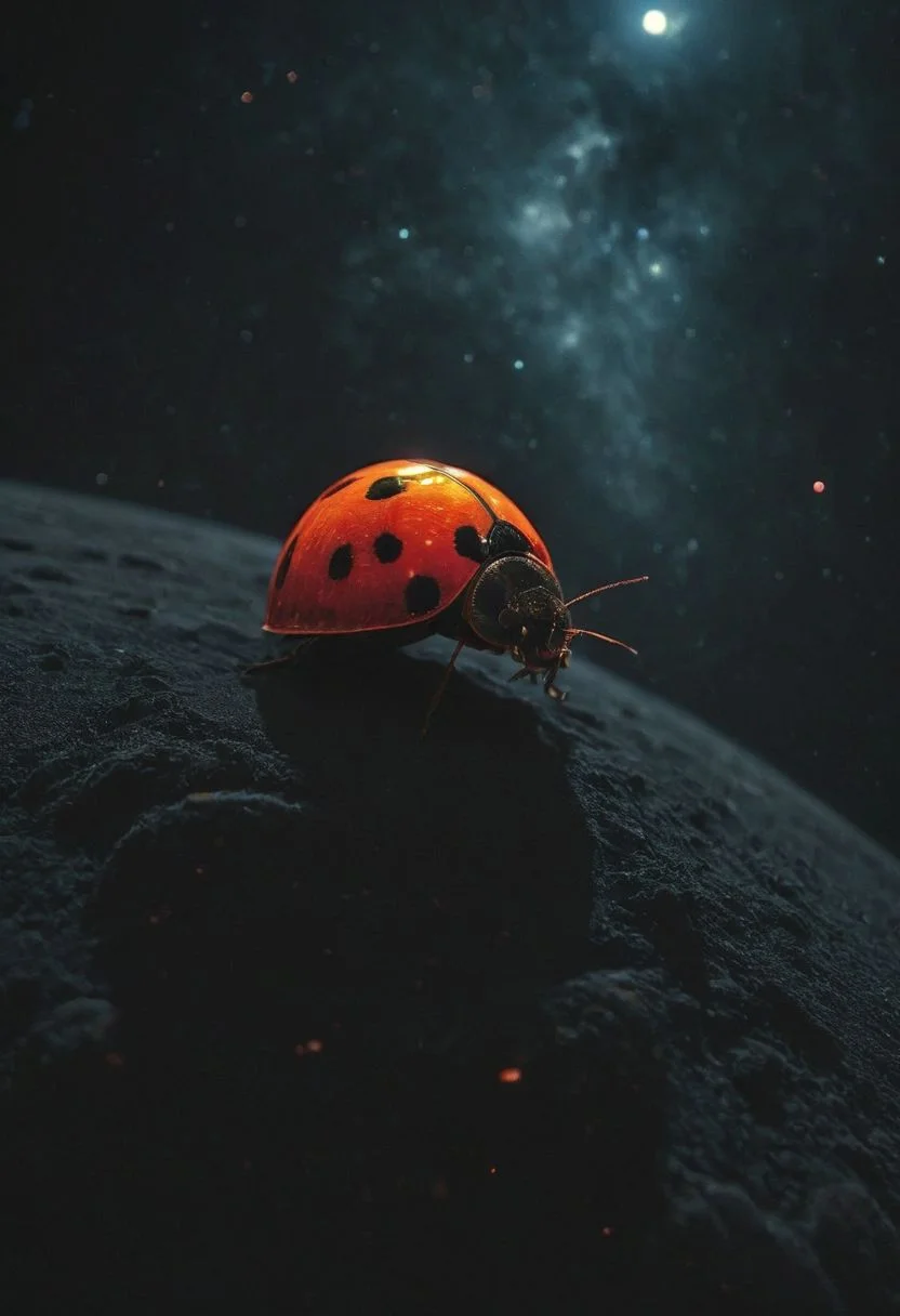 otherworldly, Hyper-Realism, Capture the haunting beauty of an ancient, worn spacecraft adrift in the vast darkness of space. In the distance, a star reminiscent of Uranus casts its faint glow. The spacecraft itself resembles a translucent, scarlet ladybug, its rounded form evoking a sense of mystery and melancholy. The windows gleam like the spots on a ladybug's back, hinting at the unknown secrets within. Let the image convey the eerie elegance of this cosmic wanderer., Radiating with Neon Brightness. With Ultra Detailed Anatomy and Perfect Lighting, Every Detail Shines. From a Bright Sideview in a Desert Oasis, the Scene Pops with Cinematic Atmosphere and Vivid Neon Colors. Shot in UHD Quality, This Candid Moment Captures the Epicness and Vibrancy of the Moment. Explore the Depth of Field for an Eye-Catching Experience, Where Imperfections Add to the Natural Beauty.surrounded by a detailed monochrome spacescape with translucent dark-amber Highlights, hyper-detailed, sharp, high resolution, high quality, 32K, Ultra realistic, HD, super detailed, line art, abstract style
