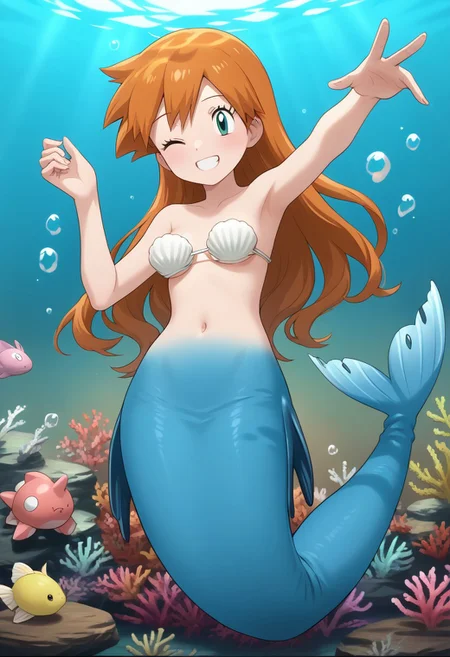 (source_anime, score_9, score_8_up, score_7_up:1), underwater, rocky, dark, bubbles, 1girl, solo, misty \(pokemon\), long hair, pink seashell bra, blue mermaid tail, looking at viewer, one eye closed, smile, pokemon \(classic anime\), anime screencap