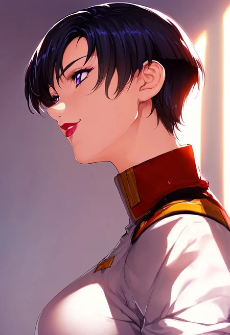1girl, Natarle Badgiruel \(Gundam SEED\),, adult woman, masterpiece, military uniform, black hair, short hair, luscious lips, lipstick, smile, large breasts, portrait, colored eyelashes, backlighting, purple eyes, goddess, glossy skin, ,hires,best quality, very aesthetic,absurdres,score_9, score_8_up, score_7_up, score_6_up, score_5_up, score_4_up, (hyper extreme detailed), (hyper quality), game CG, (colour:1.2),(from side:0.7)