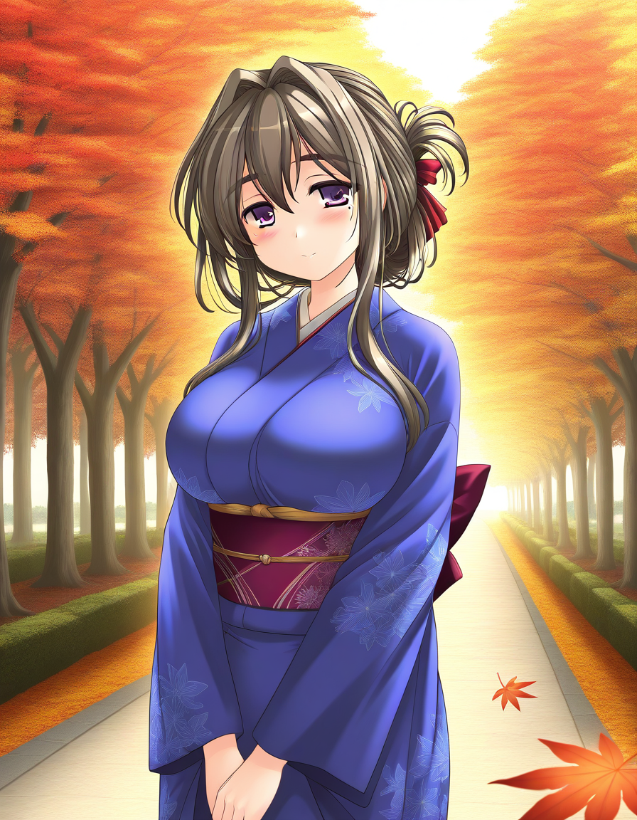 general,highres, ultra-detailed,very aesthetic,best quality ,best hands,  BREAK  <lora:Tomosato_Shiori_IS:1>TomosatoShiori, brown hair, large breasts, purple eyes, hair intakes, hair ribbon, red ribbon, folded ponytail,
1girl, solo, japanese clothes, kimono, mole, sash, obi, long sleeves, blush, purple kimono, looking at viewer, v arms, blue kimono, long hair,
autumn, autumn leaves,
