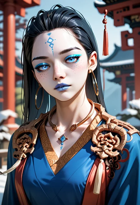 score_9,score_8_up,score_7_up,source_anime, Kang-Jin Star,1girl,solo,looking at viewer,jewelry,collarbone,upper body,earrings,parted lips,necklace,blurry,head tilt,blurry background,makeup,chinese clothes,portrait,freckles,hoop earrings,animification,hanfu,blue eyeshadow,