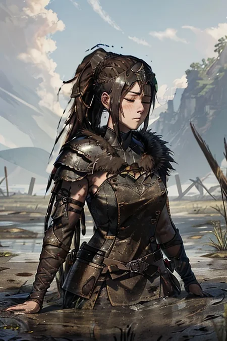 masterpiece,
1 young adult woman, SenuaHell, solo, closed mouth, open eyes, ponytail, dark skin, armor, long hair, upper body, realistic, dreadlocks, brown hair, shoulder armor, jewelry, pauldrons, black hair, breasts,
partially submerged into quickand
sharp focus, depth of field, ray tracing, rule of third,
