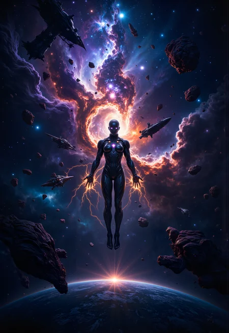 A hyper-realistic portrait, photorealistic photo close-up image of  Beneath the swirling colors of a nebula in deep space, a lone figure with onyx-black skin and glowing, violet eyes floats weightlessly among the stars, their body encased in a sleek, reflective suit of armor. The nebulaâs vibrant huesâshades of electric blue, deep purple, and fiery orangeâilluminate the figureâs form, casting a soft, ethereal glow over the endless expanse of stars that stretch out in all directions. Surrounding them, massive, floating chunks of space debris and ancient, crumbling starships drift lazily through the void, remnants of a long-forgotten battle. The figureâs hands are outstretched, fingertips glowing with a soft, golden light as they manipulate the energy of the cosmos, drawing power from the very fabric of space itself. Far below, the faint outline of a distant planet can be seen, its surface a shimmering tapestry of swirling clouds and vast oceans. The airâor lack thereofâis silent, save for the soft hum of the energy that pulses through the figureâs armor, resonating with the distant stars. Above, the nebula continues to swirl and shift, its colors bleeding into one another like a cosmic painting. The scene is one of quiet solitude and infinite wonder, where the mysteries of the universe unfold in the vast, silent expanse of space. (photography, high-resolution, dynamic, energetic,hyper-realistic, dramatic lighting, shallow depth of field.), detailmaximizer, MythP0rt<lora:midjourney_whisper_flux_lora_v01:0.55><lora:aidmaMJ6.1-FLUX-V0.1:0.4><lora:FluxMythP0rtr4itStyle:0.4><lora:detailed_flux_ntc:2.2><lora:aidmaImageUpgrader-FLUX-V0.1:0.65>