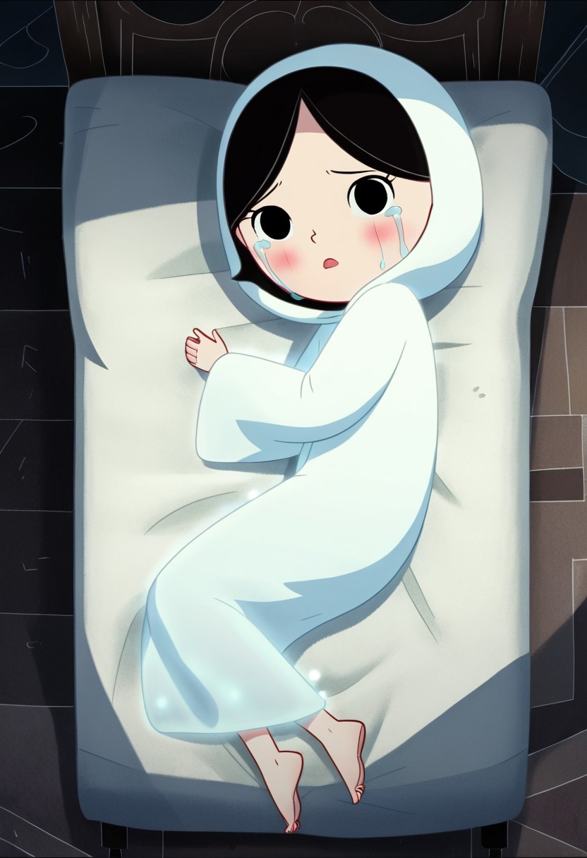 zPDXL3, source_cartoon, Perfect Hands, full body,
1girl, solo, bedroom, looking at viewer, saoirse, black hair, black eyes, blush, ghost, hood up, robe, barefoot, glowing, lying on bed, from above, lying on side, facing at viewer, feeling cold, eyes open, crying sadly, open mouth, sleeve past wrist, slim body, long body, highlight cloth wrinkle, anime style,
<lora:Perfect Hands:1>  <lora:Saoirse_-_The_Song_of_the_Sea-000009:1>