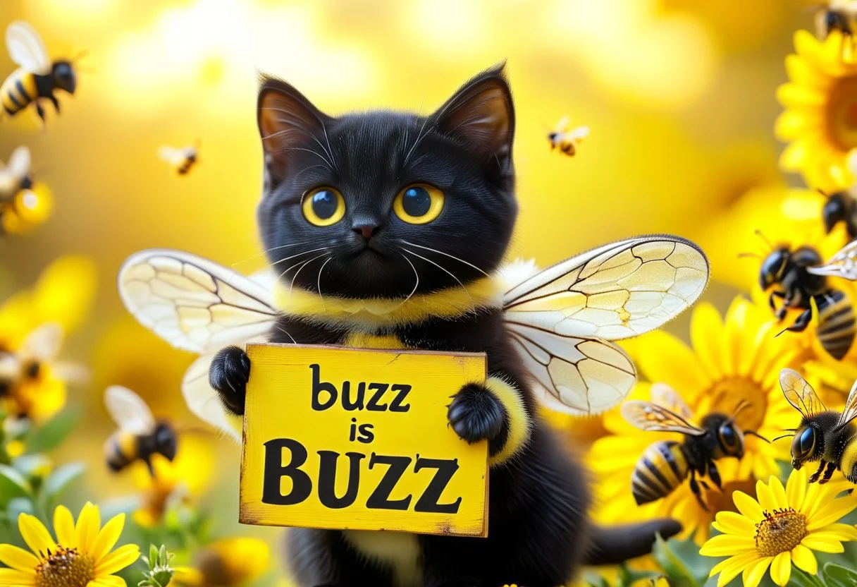 photorealistic
a cute kitten with black fur, kitten is wearing a bee costume with bee wings,(((bees holding a sign that says "Buzz Buzz"))), sign thay says "Buzz Buzz", smile, yellow lightning, blue lightning
1cat
highly detailed, aesthetic, great lighting, extremely detailed, award winning, perfect composition, a rich and complex image of nature, a vibrant tissue of hues and textures captured digitally, best quality, realistic, captivating, intricately detailed, hyper detailed, maximalist style, photorealist, sharp focus, dynamic lighting, superb composition, finest details, highest aesthetics, best quality, sharp focus, high contrast, stylized, clear, colorful, ultra quality, 8k, best quality, masterpiece,midjourneyv6.1
AP, no humans, animal focus, cat ,looking at viewer, animal,